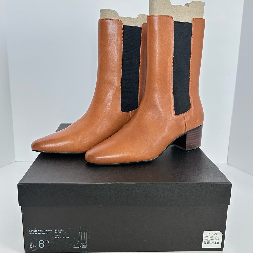 J. Crew Leather High-Shaft Stacked-Heel Boots in Rich Caramel | 8.5 | GUC